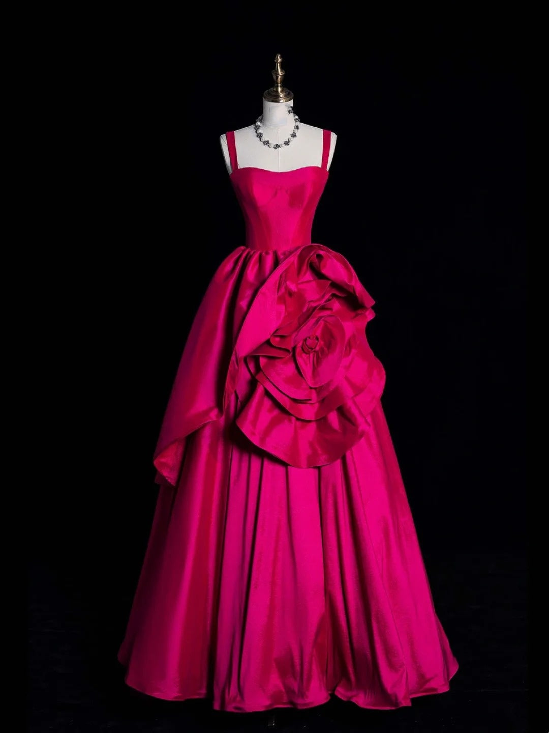 Elegant Ball Gown Spaghetti Strap Hot Pink Satin Floral Long Evening Dresses Semi Prom Formal Gown N617