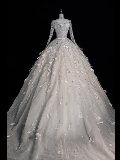 Civil Wedding Dresses Ball Gown Square Neck White Tulle With Long Sleeves Feathers Bodice Brides Dress Fitted Bridal Gowns N612