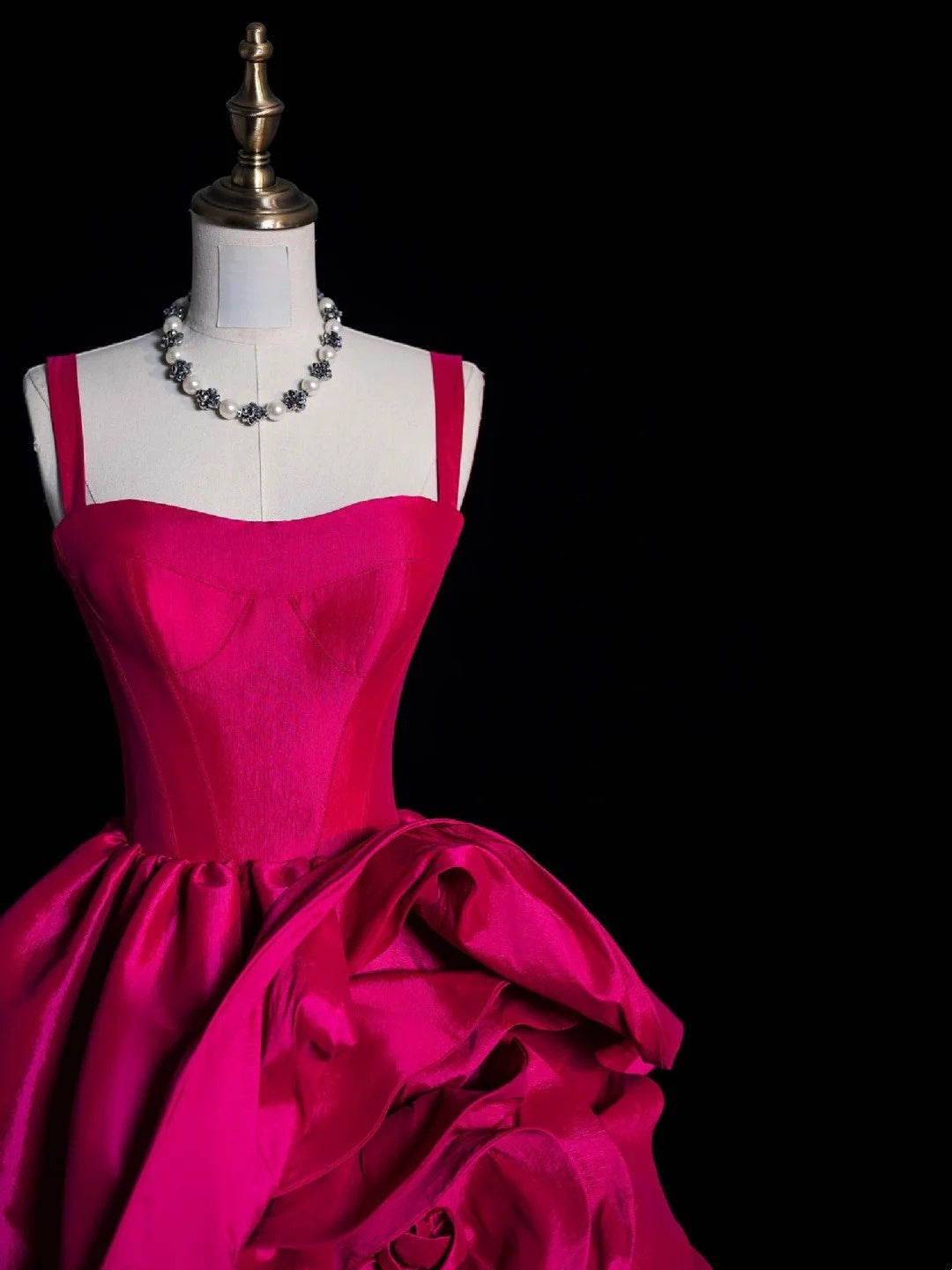 Elegant Ball Gown Spaghetti Strap Hot Pink Satin Floral Long Evening Dresses Semi Prom Formal Gown N617