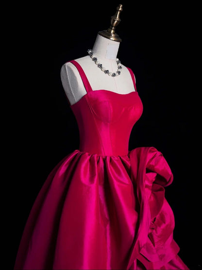 Elegant Ball Gown Spaghetti Strap Hot Pink Satin Floral Long Evening Dresses Semi Prom Formal Gown N617