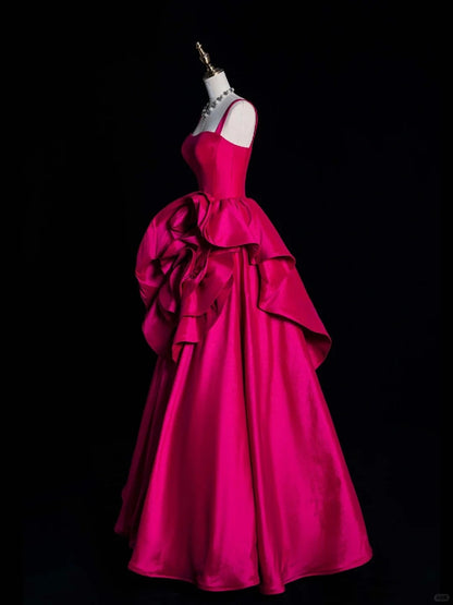 Elegant Ball Gown Spaghetti Strap Hot Pink Satin Floral Long Evening Dresses Semi Prom Formal Gown N617