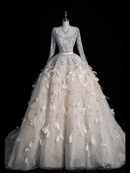Civil Wedding Dresses Ball Gown Square Neck White Tulle With Long Sleeves Feathers Bodice Brides Dress Fitted Bridal Gowns N612