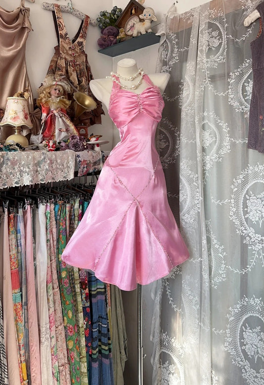 Vintage Mermaid Halter Pink Satin Hoco Gowns Short Homecoming Dresses Hoco Gown N618