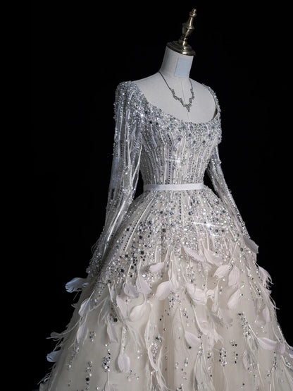 Civil Wedding Dresses Ball Gown Square Neck White Tulle With Long Sleeves Feathers Bodice Brides Dress Fitted Bridal Gowns N612