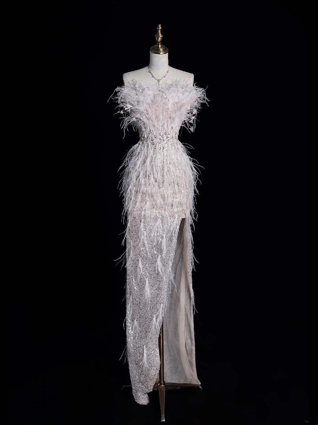 Civil Wedding Dresses Sheath Strapless White Sequin With Slit Feathers Bodice Brides Dress Fitted Bridal Gowns N613