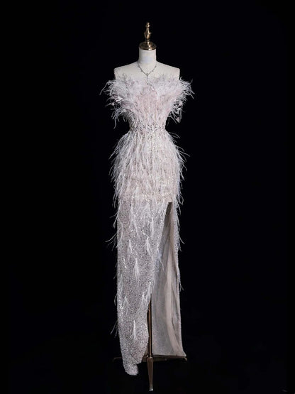 Civil Wedding Dresses Sheath Strapless White Sequin With Slit Feathers Bodice Brides Dress Fitted Bridal Gowns N613