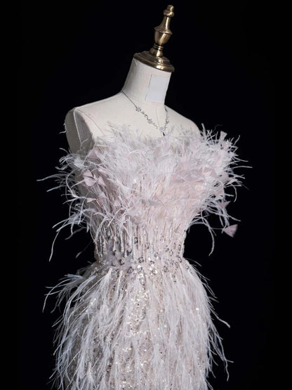Civil Wedding Dresses Sheath Strapless White Sequin With Slit Feathers Bodice Brides Dress Fitted Bridal Gowns N613