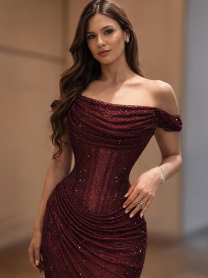 Off-Shoulder Sparkly Mermaid Prom Dresses Senior School Event Dress Formal Gown N621