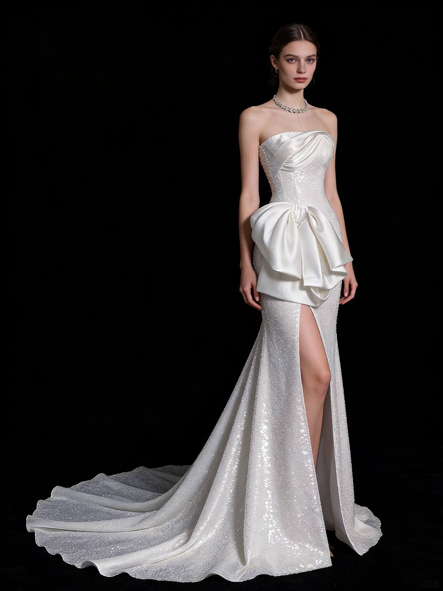 Princesses Elegant Sheath Strapless White Sequined With Satin Train Wedding Gown Short Fairytale Summer Wedding Dresses N668