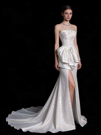 Princesses Elegant Sheath Strapless White Sequined With Satin Train Wedding Gown Short Fairytale Summer Wedding Dresses N668