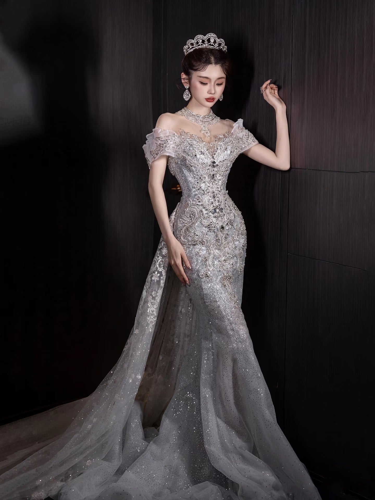 Fairytale Fantasy Art Wedding Dresses Mermaid Off The Shoulder Sequin With Beaded Bodice Long Brides Dress Fitted Bridal Gown N674