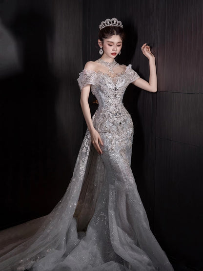 Fairytale Fantasy Art Wedding Dresses Mermaid Off The Shoulder Sequin With Beaded Bodice Long Brides Dress Fitted Bridal Gown N674