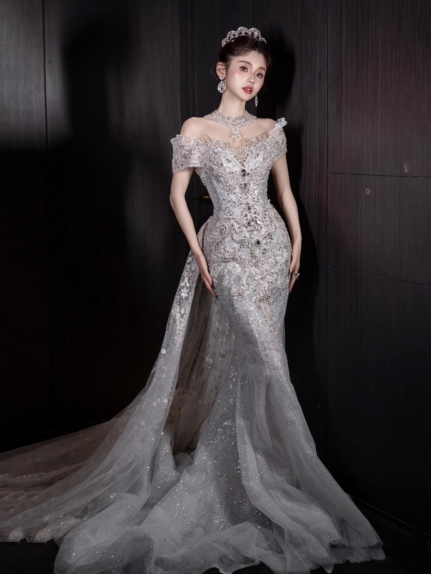 Fairytale Fantasy Art Wedding Dresses Mermaid Off The Shoulder Sequin With Beaded Bodice Long Brides Dress Fitted Bridal Gown N674