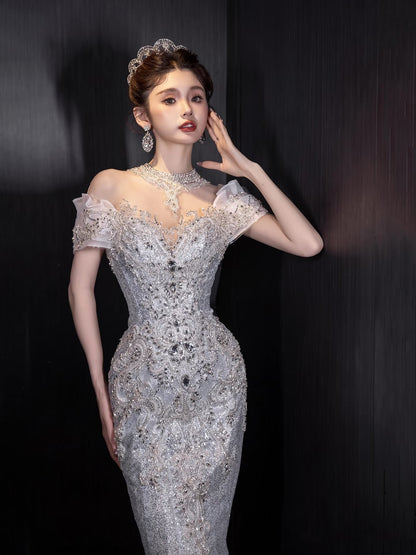 Fairytale Fantasy Art Wedding Dresses Mermaid Off The Shoulder Sequin With Beaded Bodice Long Brides Dress Fitted Bridal Gown N674