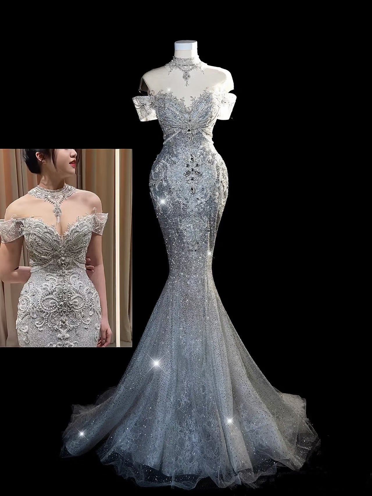 Fairytale Fantasy Art Wedding Dresses Mermaid Off The Shoulder Sequin With Beaded Bodice Long Brides Dress Fitted Bridal Gown N674