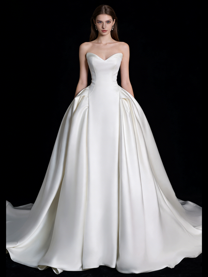 Modest Ball Gown Sweetheart White Satin With Pleated Wedding Dress Long Fairytale Autumn Bridal Dresses N690
