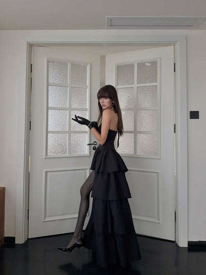 Sexy High Low Halter Black Tie Wedding Guest Dress Satin Ruffles Long Prom Dresses Night Semi Formal Gown N693