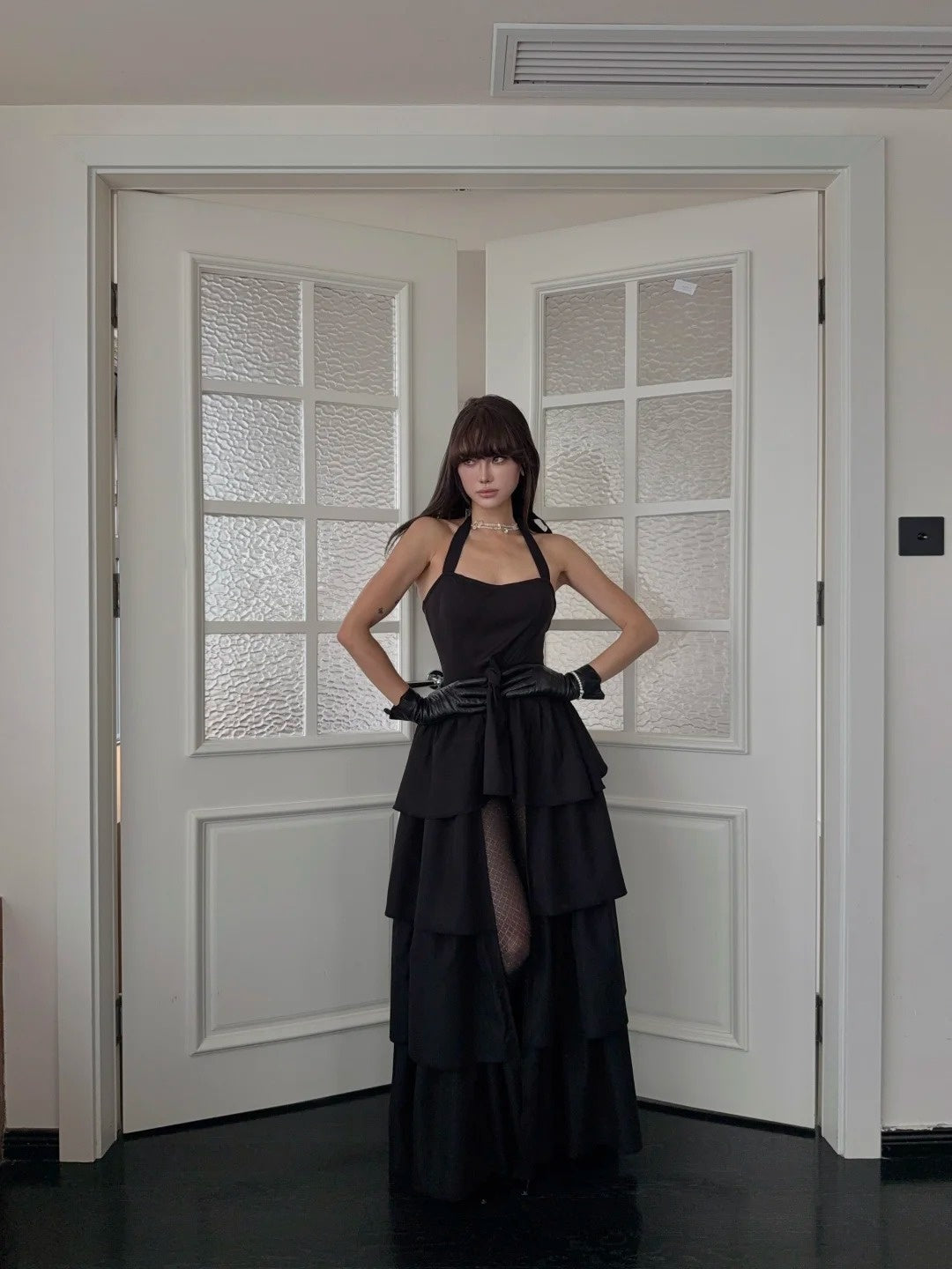 Modest High Low Halter Black Tie Wedding Guest Dress Satin Ruffles Long Prom Dresses Night Semi Formal Gown N692
