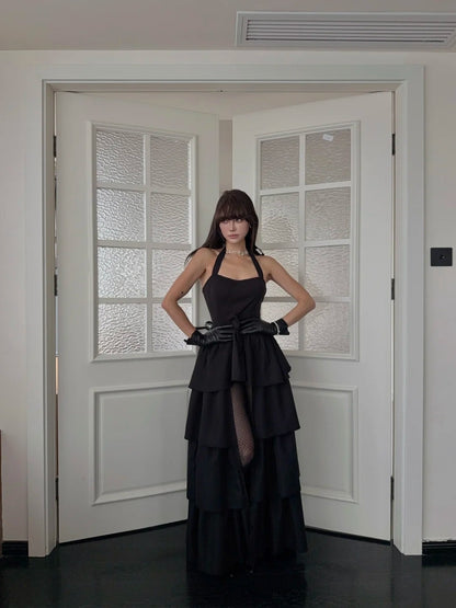 Modest High Low Halter Black Tie Wedding Guest Dress Satin Ruffles Long Prom Dresses Night Semi Formal Gown N692