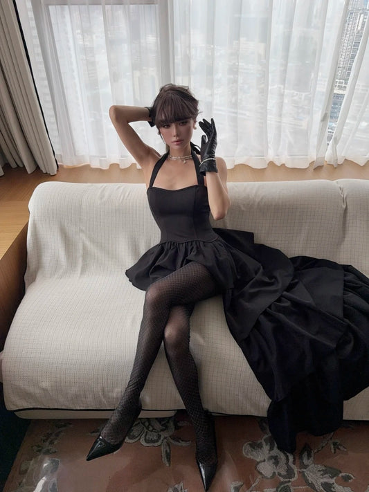 Sexy High Low Halter Black Tie Wedding Guest Dress Satin Ruffles Long Prom Dresses Night Semi Formal Gown N693