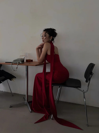 Chic Mermaid Spaghetti Strap Long Prom Dresses Red With Scarf Formal Dresses N702