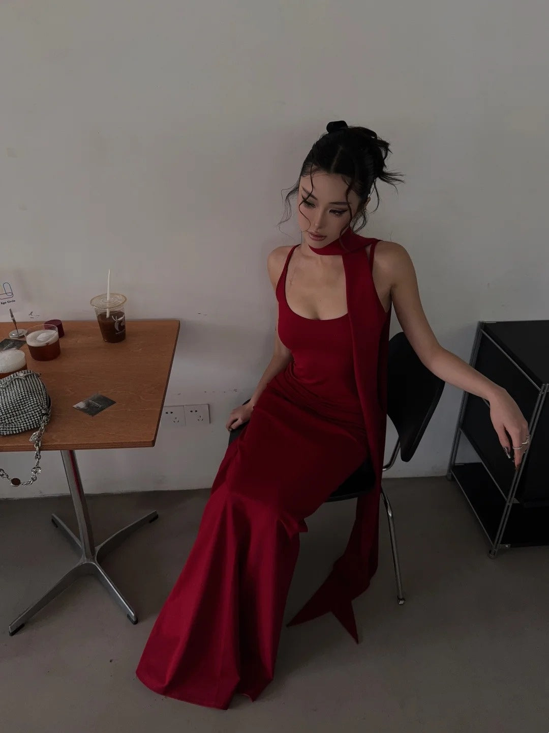 Chic Mermaid Spaghetti Strap Long Prom Dresses Red With Scarf Formal Dresses N702