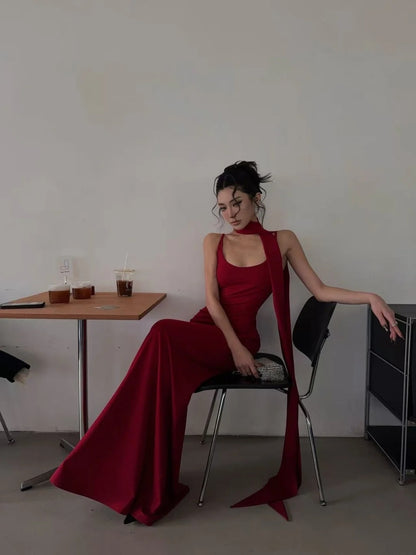 Chic Mermaid Spaghetti Strap Long Prom Dresses Red With Scarf Formal Dresses N702