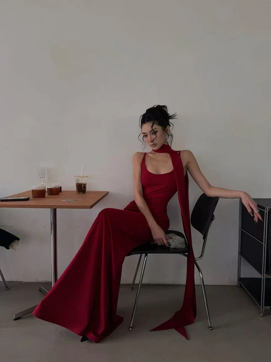 Chic Mermaid Spaghetti Strap Long Prom Dresses Red With Scarf Formal Dresses N702