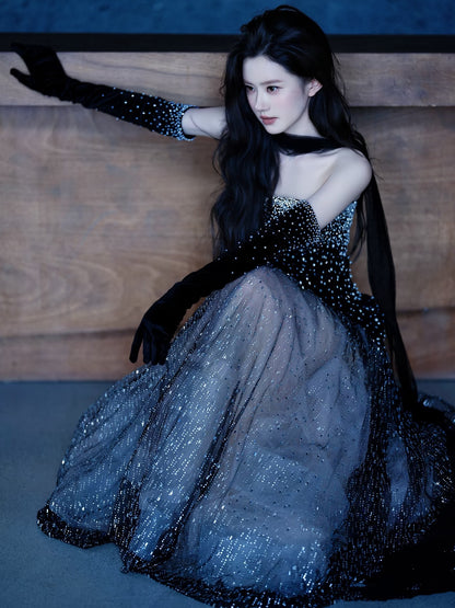 Princess Mermaid Strapless Black Sequined Long Formal Evening Dress Formal 18th Birthday Gowns Prom Dresses N738