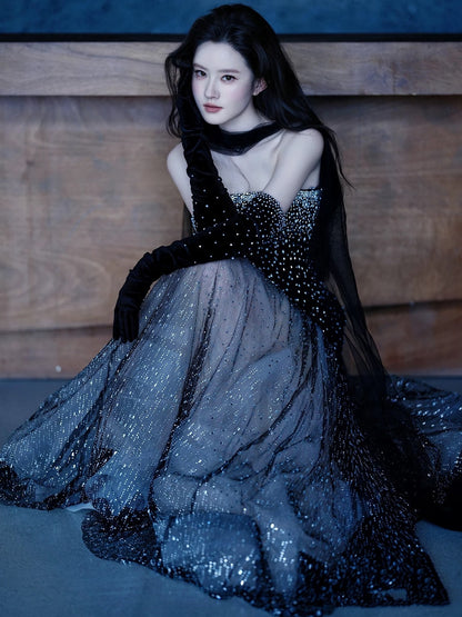 Princess Mermaid Strapless Black Sequined Long Formal Evening Dress Formal 18th Birthday Gowns Prom Dresses N738