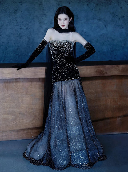 Princess Mermaid Strapless Black Sequined Long Formal Evening Dress Formal 18th Birthday Gowns Prom Dresses N738