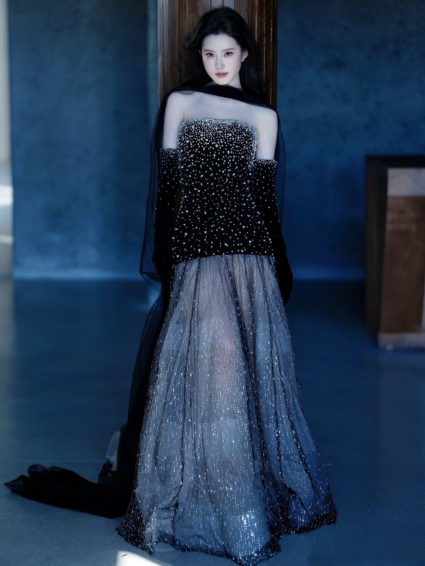 Princess Mermaid Strapless Black Sequined Long Formal Evening Dress Formal 18th Birthday Gowns Prom Dresses N738