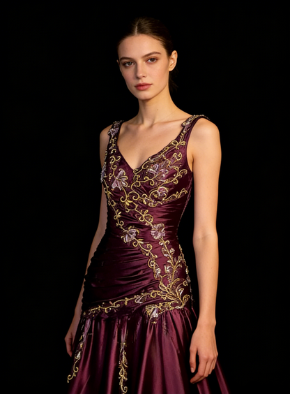 Chic Grape Dresses V-neck A-Line Long Prom Dresses Embroidery Satin Sleeveless Princess Formal Dress N776