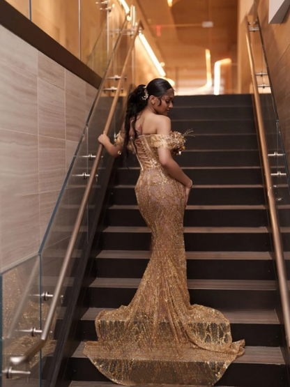 Glittery Mermaid Off The Shoulder Prom Dresses For Black People Girls Gold Sequin Beaded Crystals Long Formal Evening Party Gown N818
