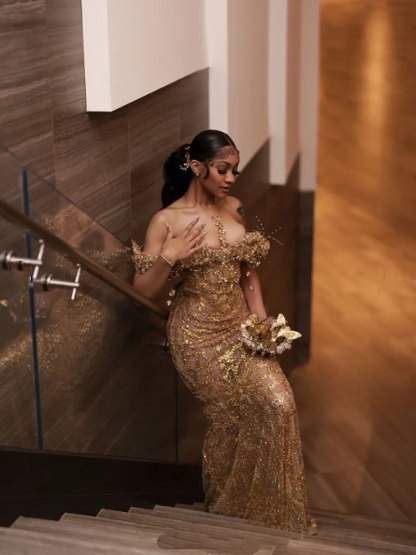 Glittery Mermaid Off The Shoulder Prom Dresses For Black People Girls Gold Sequin Beaded Crystals Long Formal Evening Party Gown N818