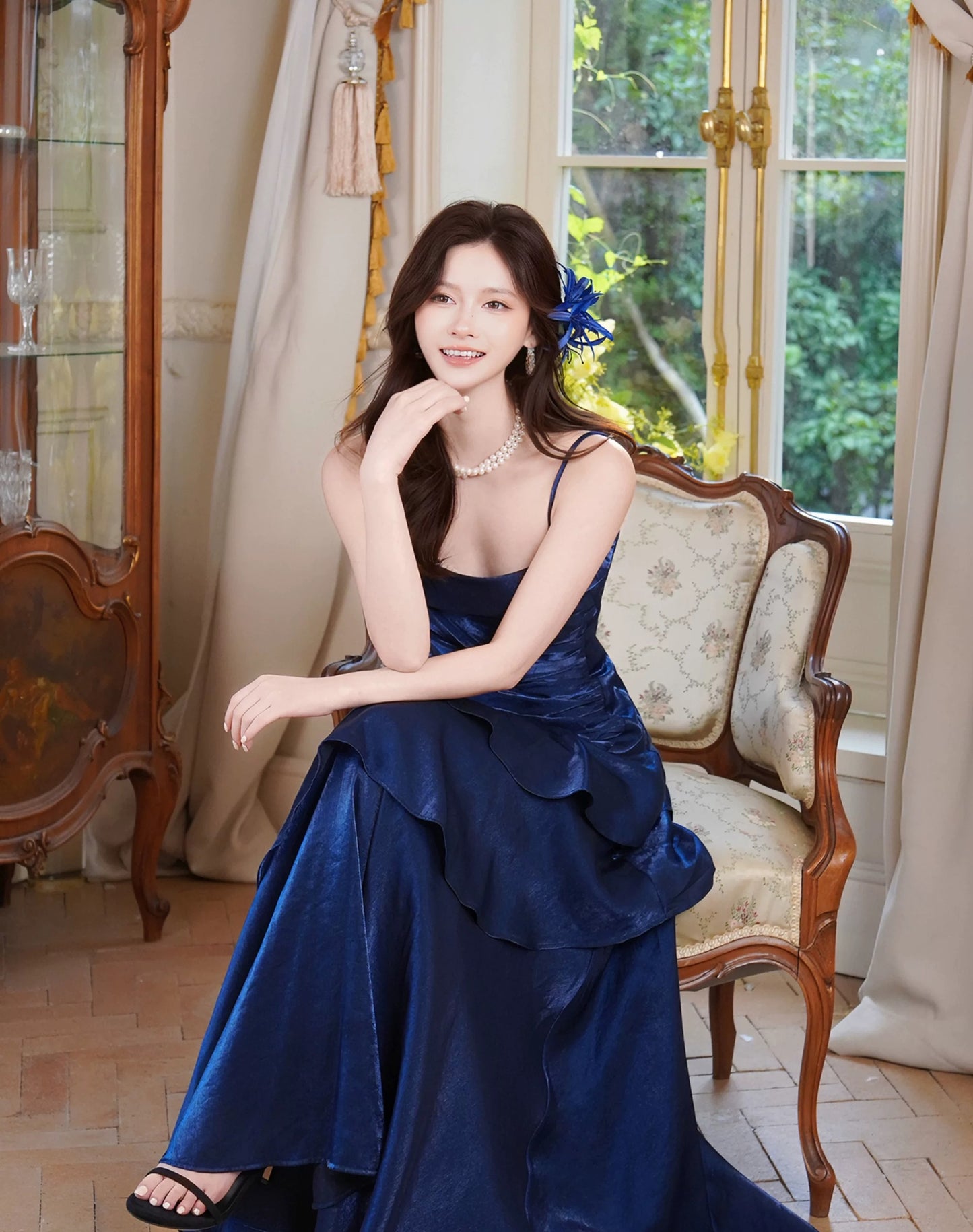 Princess Mermaid Spaghetti Strap Satin Royal Blue Long Prom Dresses Party Dress 18th Birthday Outfits Graduation Gown N877