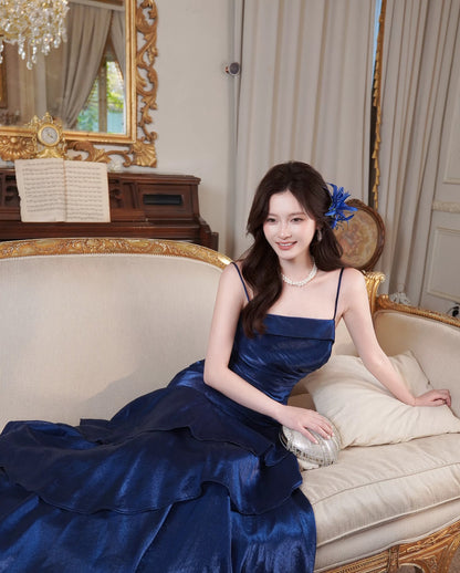 Princess Mermaid Spaghetti Strap Satin Royal Blue Long Prom Dresses Party Dress 18th Birthday Outfits Graduation Gown N877