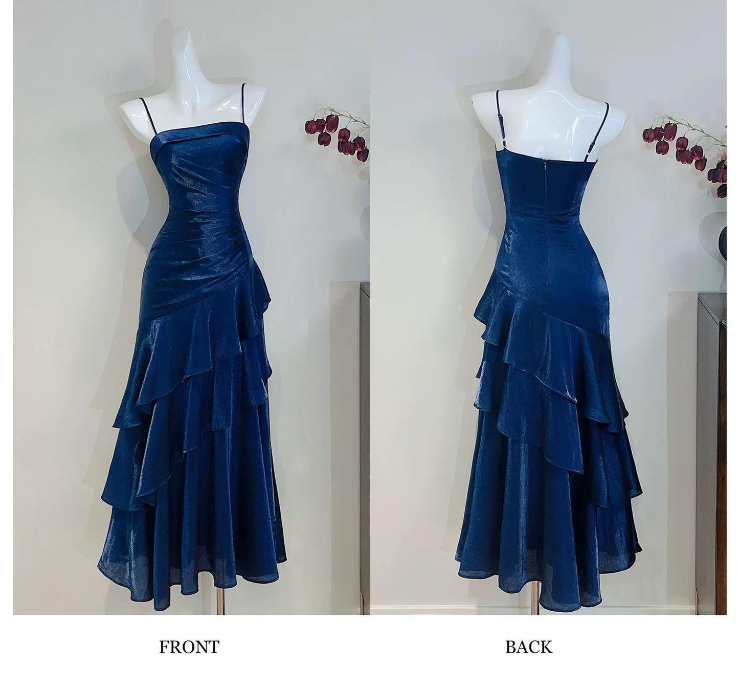 Princess Mermaid Spaghetti Strap Satin Royal Blue Long Prom Dresses Party Dress 18th Birthday Outfits Graduation Gown N877