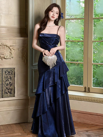 Princess Mermaid Spaghetti Strap Satin Royal Blue Long Prom Dresses Party Dress 18th Birthday Outfits Graduation Gown N877