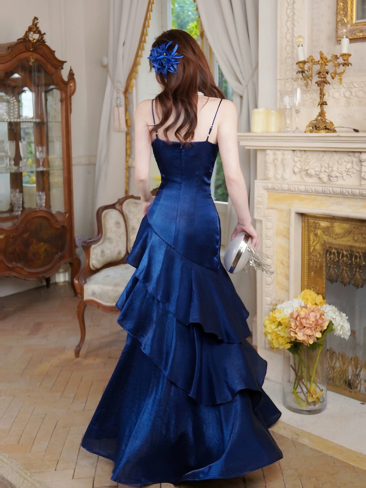 Princess Mermaid Spaghetti Strap Satin Royal Blue Long Prom Dresses Party Dress 18th Birthday Outfits Graduation Gown N877