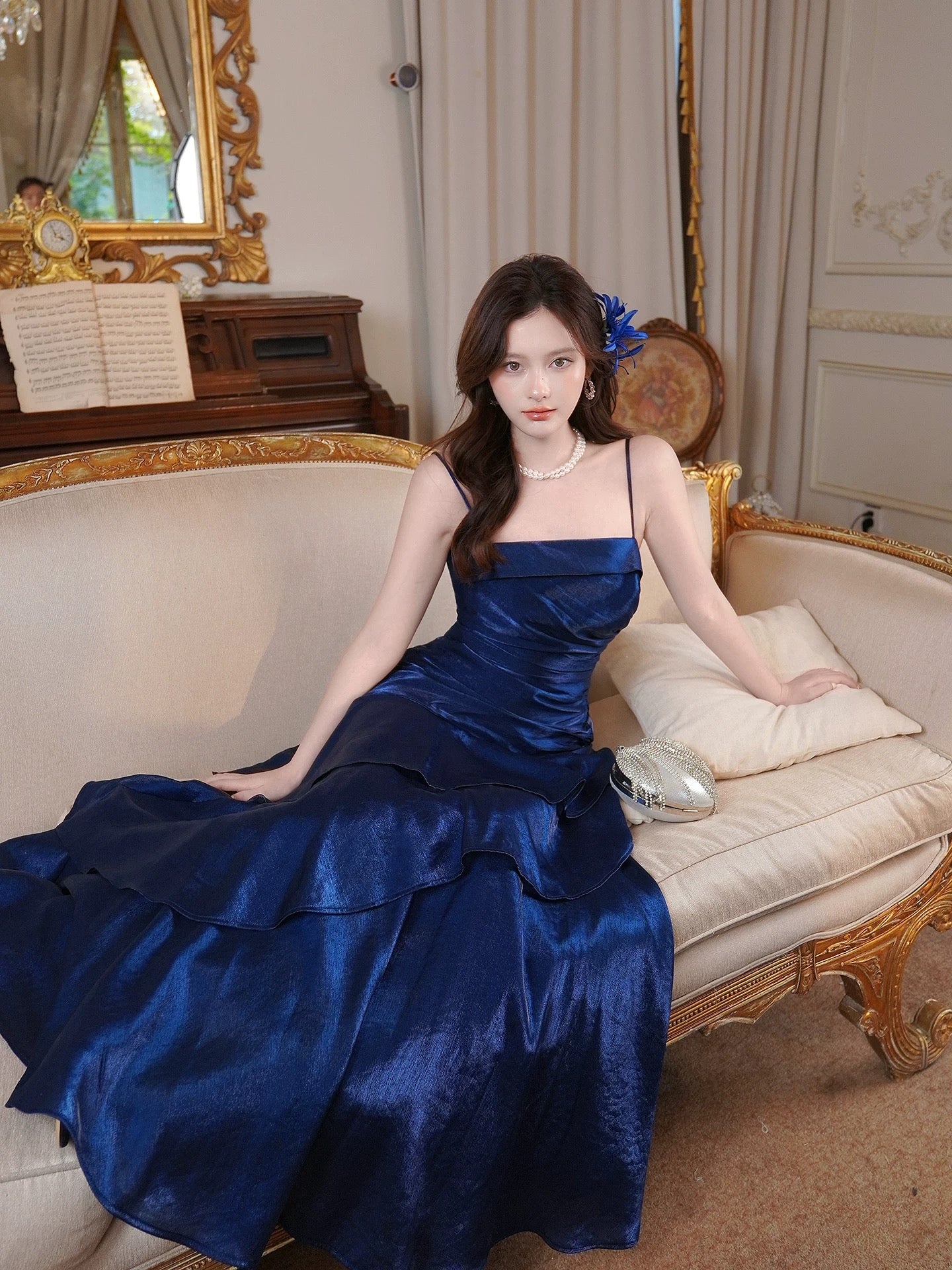 Princess Mermaid Spaghetti Strap Satin Royal Blue Long Prom Dresses Party Dress 18th Birthday Outfits Graduation Gown N877