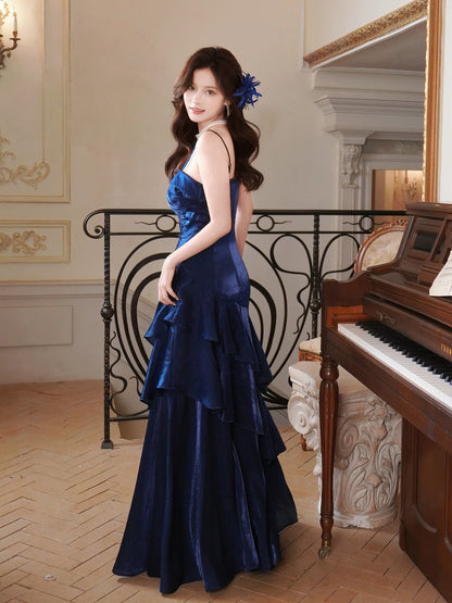 Princess Mermaid Spaghetti Strap Satin Royal Blue Long Prom Dresses Party Dress 18th Birthday Outfits Graduation Gown N877