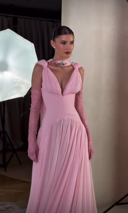 Beautiful A line V Neck Pink Chiffon Party Dresses Prom Dresses Impress Wedding Guest Dress N890