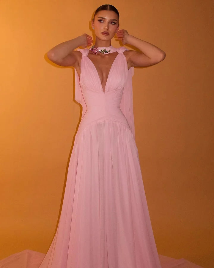 Beautiful A line V Neck Pink Chiffon Party Dresses Prom Dresses Impress Wedding Guest Dress N890