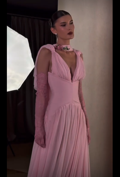 Beautiful A line V Neck Pink Chiffon Party Dresses Prom Dresses Impress Wedding Guest Dress N890