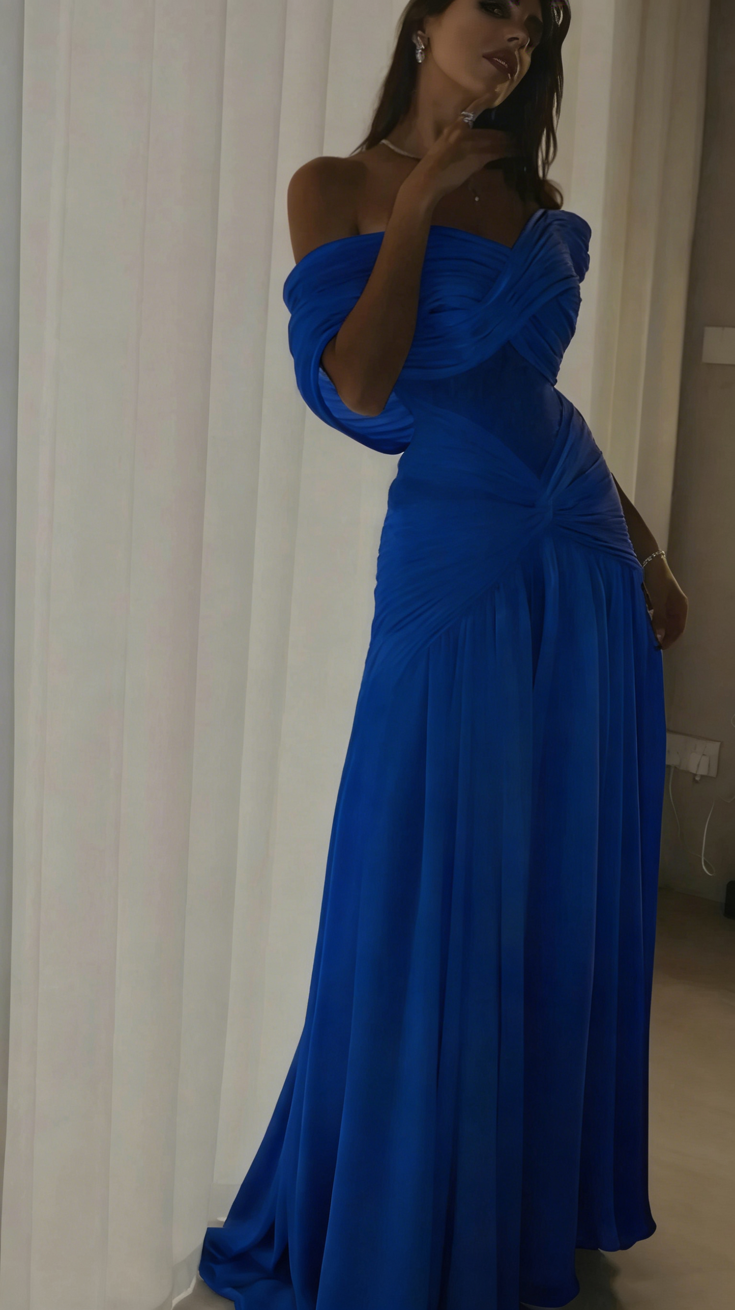 Customized Soft Blue Chiffon Evening Dress Sexy Mermaid Sweetheart Off the Shoulder Celebrity Gowns Wedding Guest Dress N897