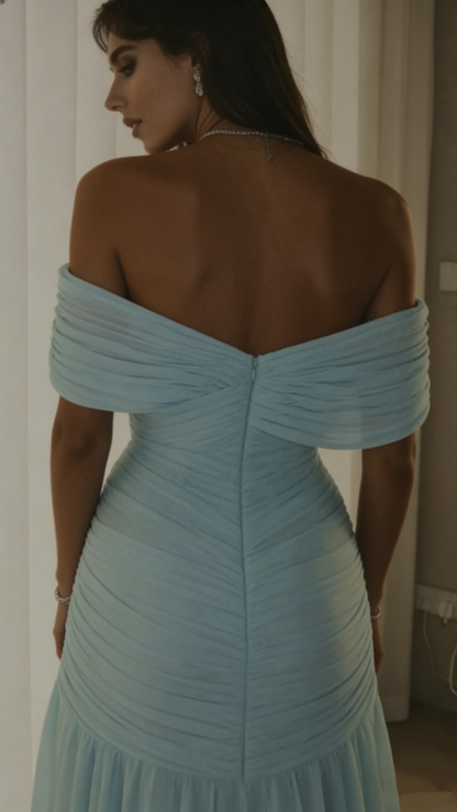 Customized Soft Blue Chiffon Evening Dress Sexy Mermaid Sweetheart Off the Shoulder Celebrity Gowns Wedding Guest Dress N897