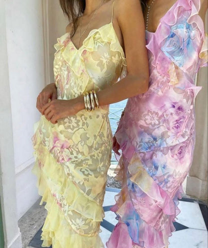Cute Mermaid Spaghetti Straps Yellow Lace Chiffon Prom Dresses Long Party Dress 21st Birthday Outfits Graduation Gown NN901