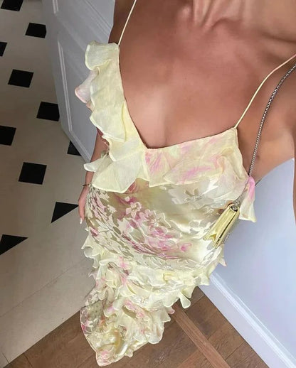 Unique Mermaid Spaghetti Straps Yellow Lace Chiffon Prom Dresses Long Party Dress 21st Birthday Outfits Graduation Gown N901