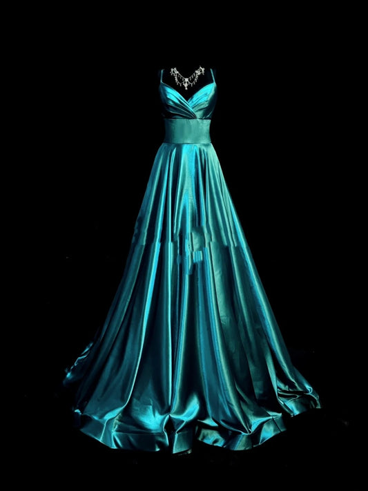 Chic A line Spaghetti Strap Blue Satin Long Party Dresses Prom Dresses Impress Wedding Guest Dress N910